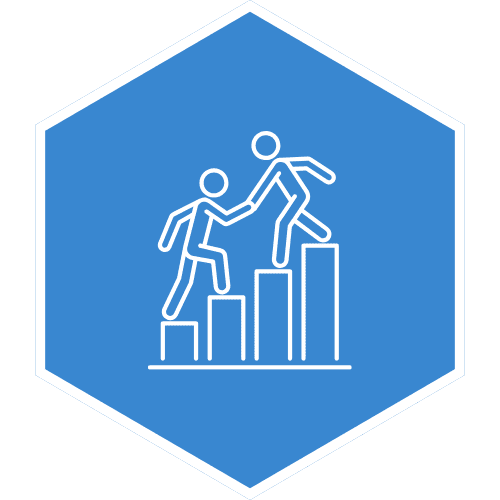 Icône hexagonale d'une personne en tirant une autre sur un diagramme de croissance, en blanc sous fond bleu.