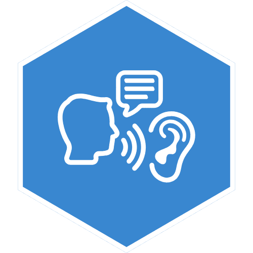 Icône hexagonale d'une personne parlant à une oreille illustrant l'écoute active, en blanc sous fond bleu.