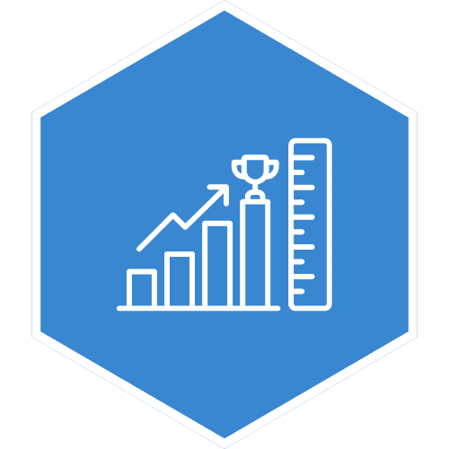 Icône hexagonale d'une croissance mesurable sur un diagramme avec un objectif atteint, en blanc sous fond bleu.