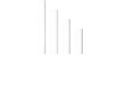 Logo de CRAC SERVICES entièrement blanc montrant un diagramme. Avec la baseline "Accompagnement des dirigeants".